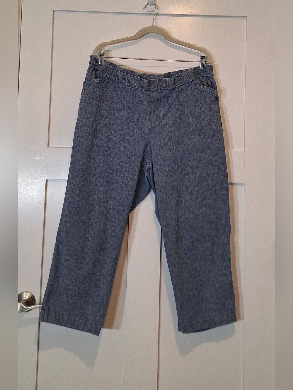 Lands' End Chambray Denim Cotton Midrise Pull On Cropped Pants Front Pockets 20W
